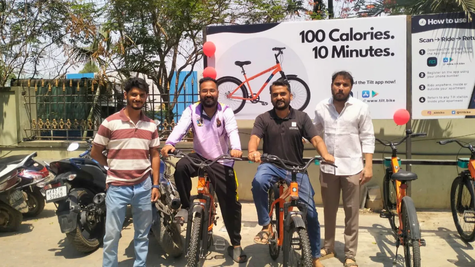 Residents at the launch of a Tilt cycle-sharing station in Chandragiri