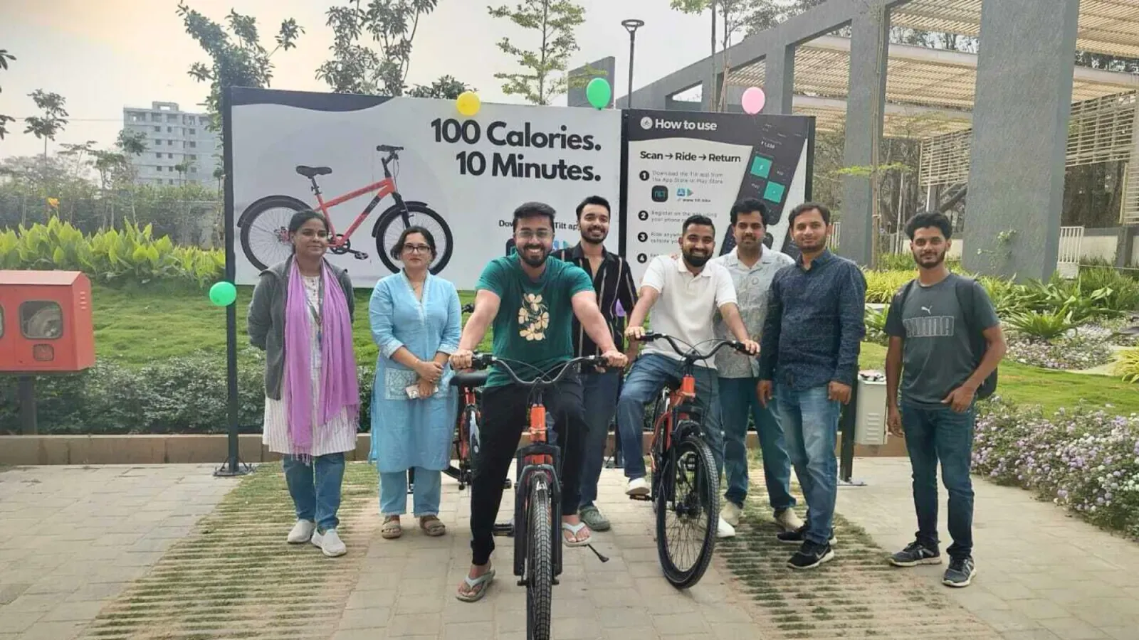 Residents at the launch of a Tilt cycle-sharing station in Godrej Park Retreat
