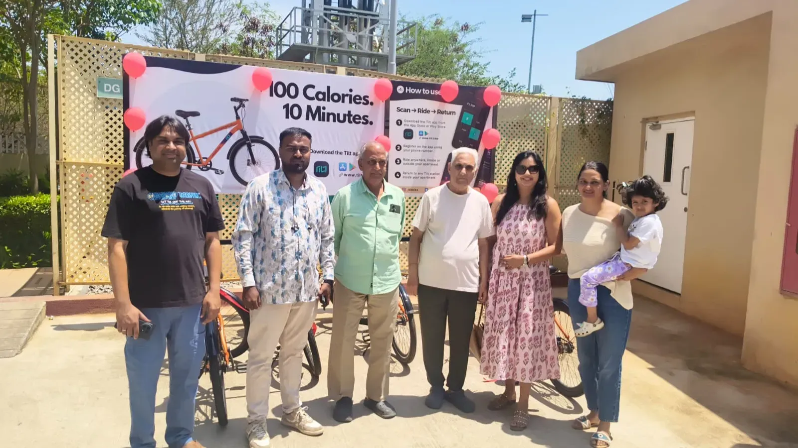 Residents at the launch of a Tilt cycle-sharing station in Vaswani Exquisite
